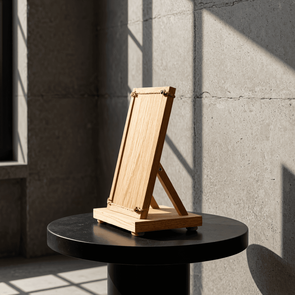 product photography of a wooden display stand with decorative rope and ladybug accents