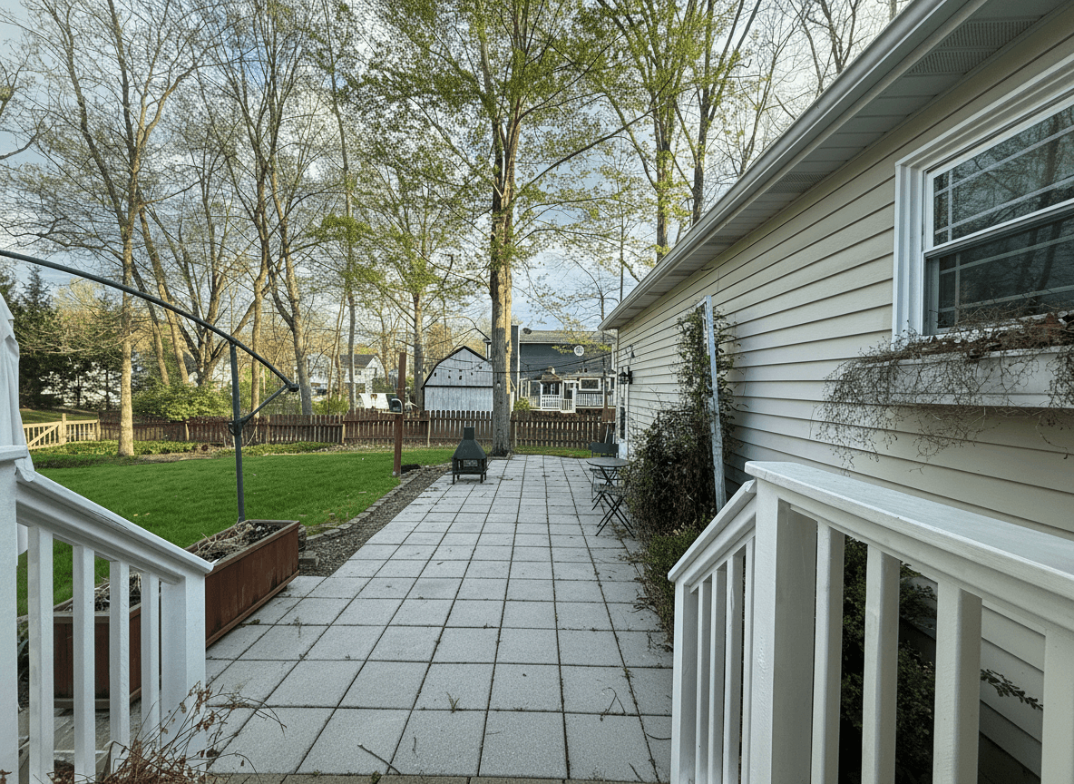 Budget refresh. Cleaner pavers, simple seating zone, garden bed cleared, white railing and siding preserved
