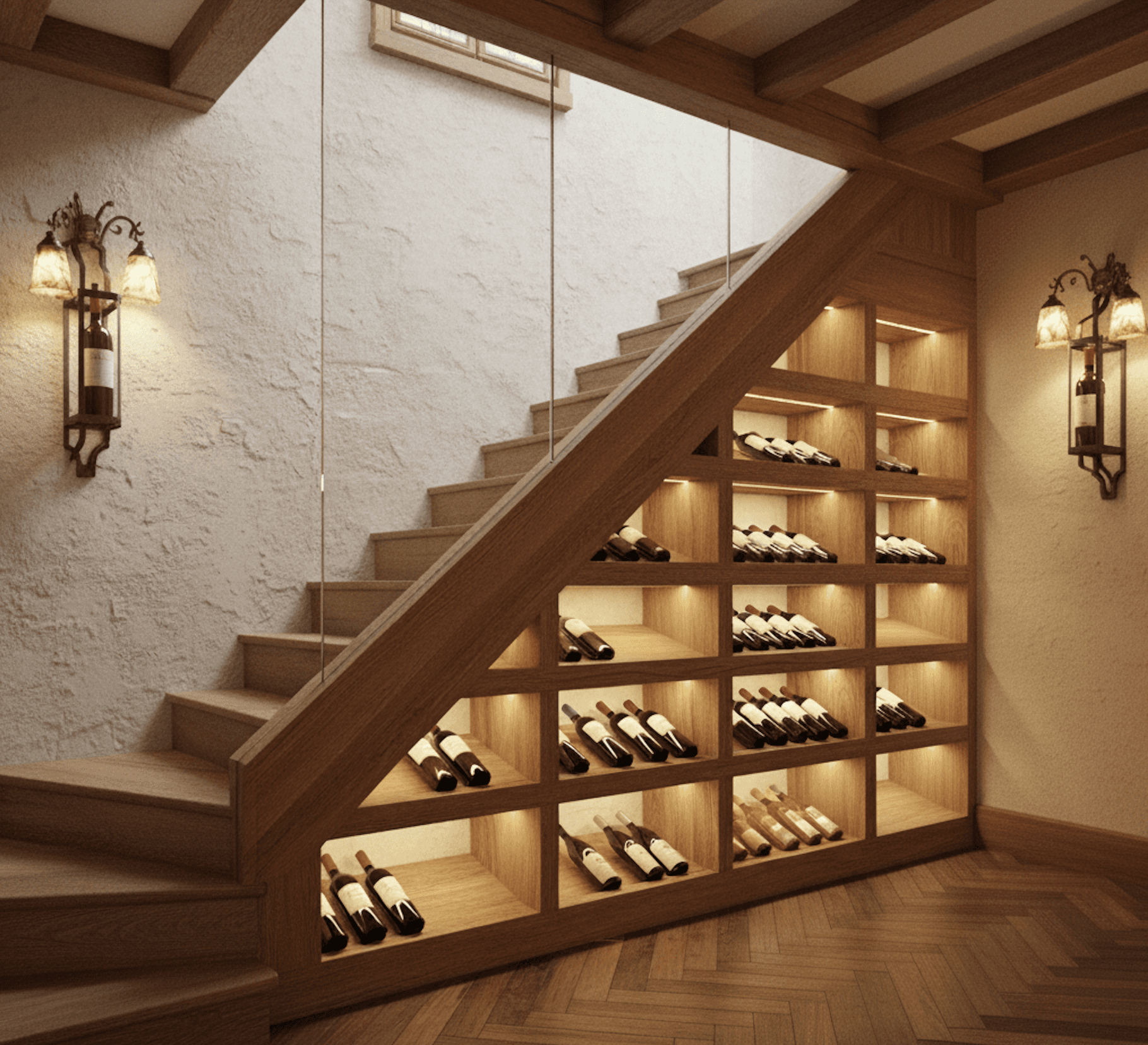 white oak wine racking under stair wine storage