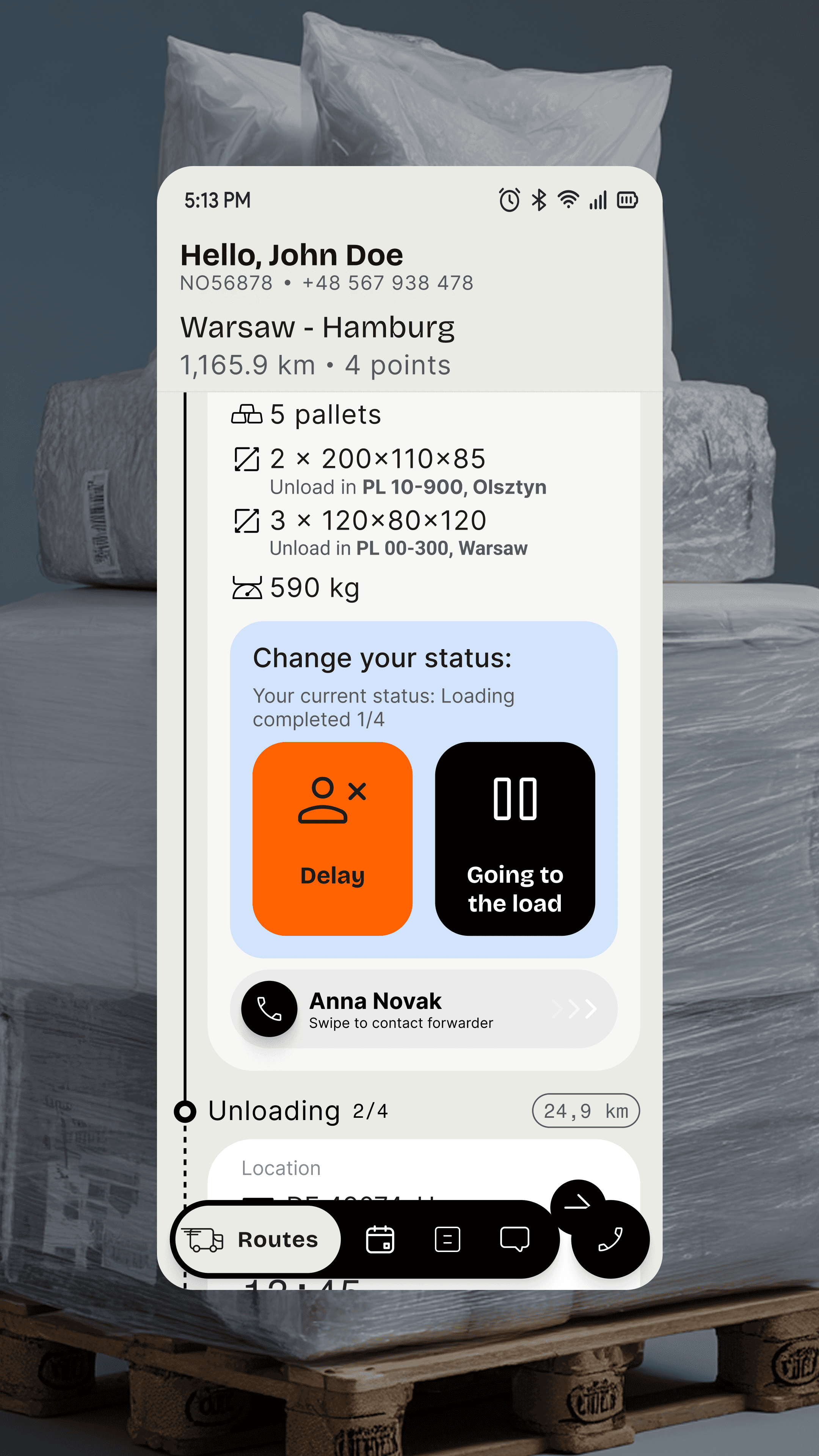 TMS ecosystem design - mobile app for drivers, current truck route screen