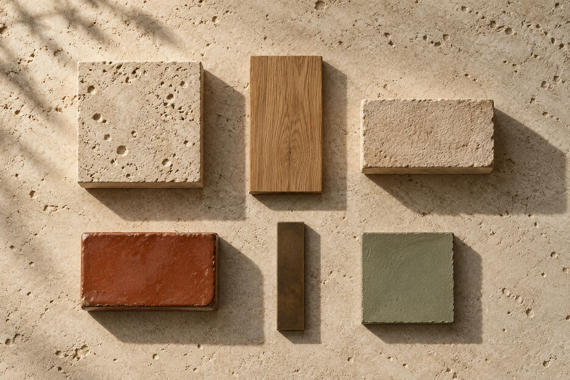Samples of travertine, oak, sand brick, oxide glazed brick, bronze and sage plaster