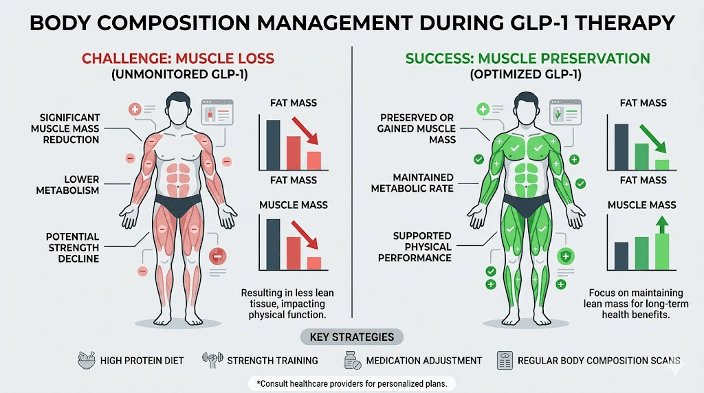 Body composition comparison showing muscle preservation vs muscle loss on GLP-1 medications