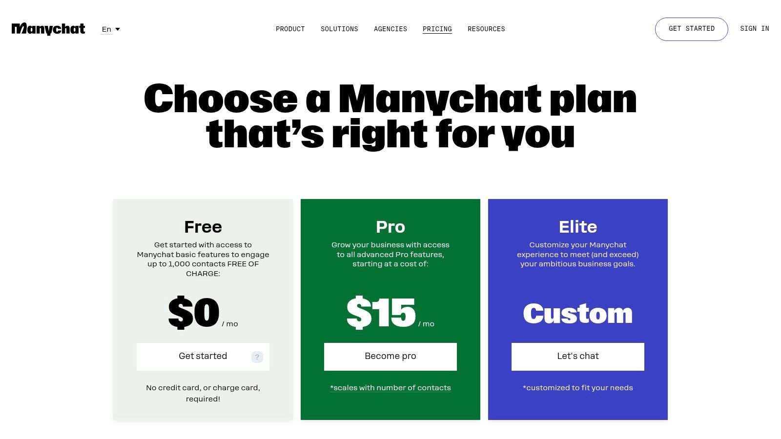 ManyChat pricing plans showing Free, Pro, and Premium tiers with feature breakdowns