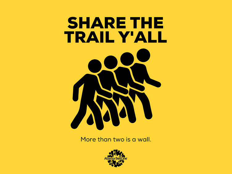 yellow street sign style with the words "share the trail y'all" and several icons of walking people