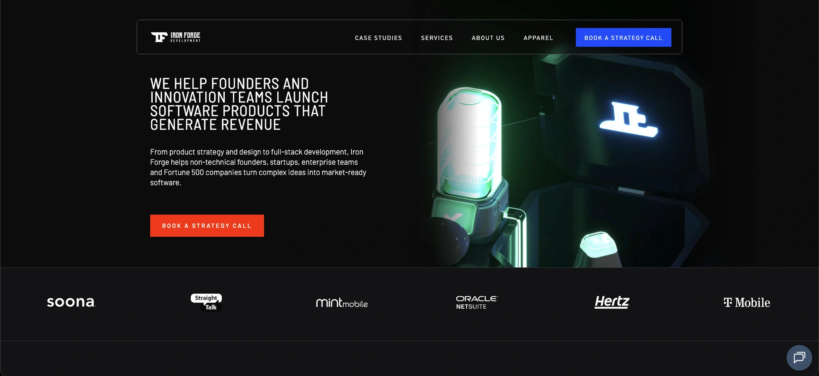 Iron Forge Development homepage showing their software product launch services for founders and enterprise teams