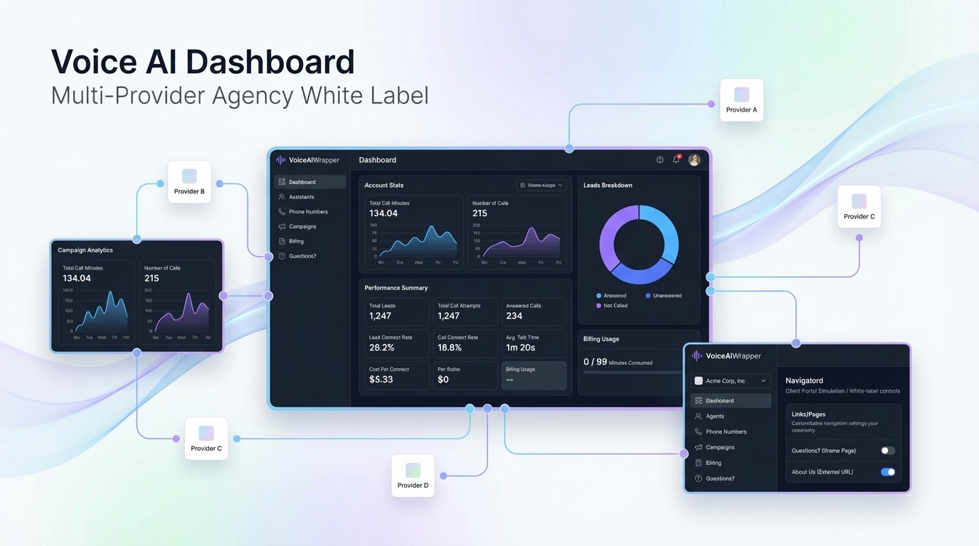 Unified voice AI dashboard managing multiple providers including Vapi, Retell, and ElevenLabs with analytics and billing | VoiceAIWrapper