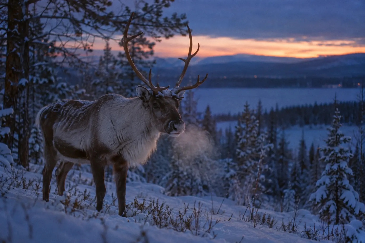 A reindeer breathing steam on a slope, with a sunset band behind it.