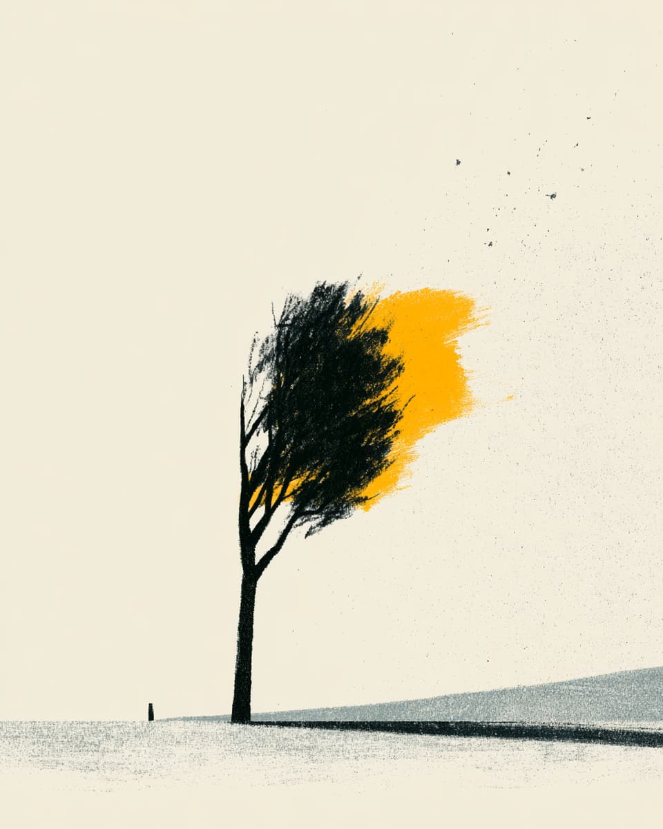 Minimalistische Illustration eines Baumes im Wind, gelb-schwarz. Kunstwerk.
