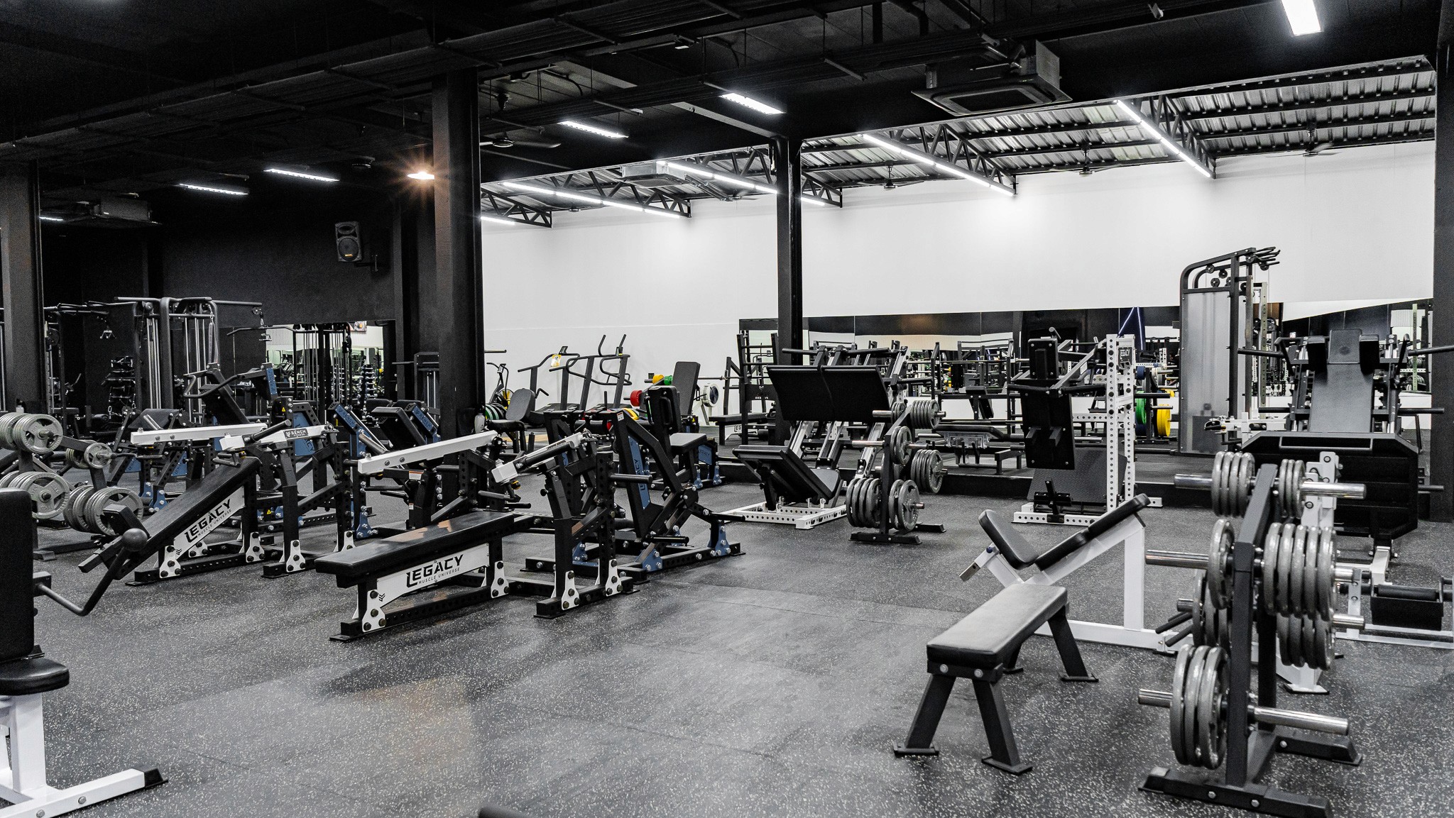 Advanced weightlifting equipment at Legacy Muscle Universe Koh Samui, featuring free weights and resistance machines in a modern fitness gym.