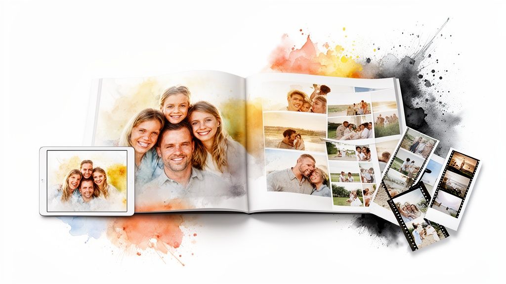 Family photo album, digital display, and film strips with artistic watercolor paint splatters.