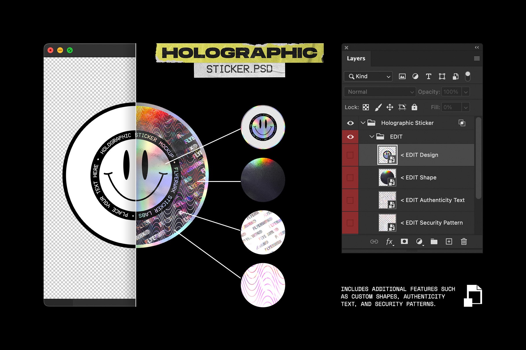 Sticker Labs holographic sticker mockup showing metallic foil and authenticity pattern
