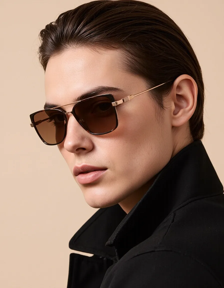 Elegant profile portrait featuring stylish brown-tinted designer sunglasses with gold frames against a neutral beige background