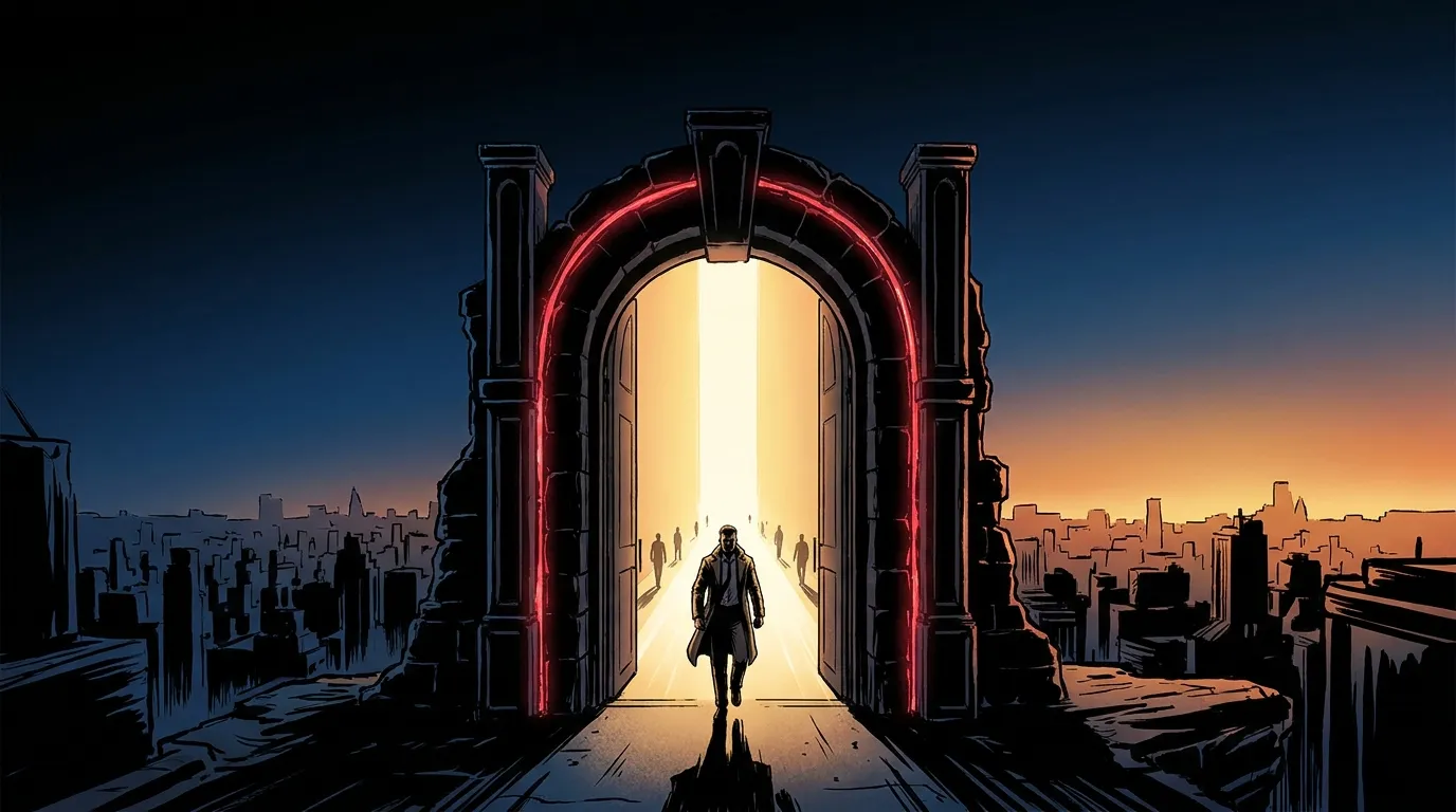 Person entering glowing archway overlooking a cityscape at sunset. RockN' Socials Digital Marketing Agency.
