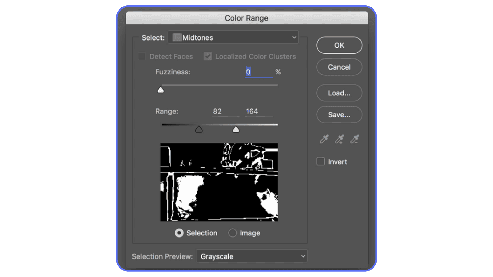 Photoshop Color Range dialog showing midtones selection and grayscale preview