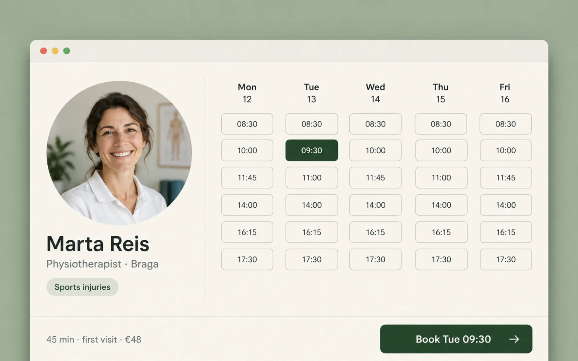 Fernway’s booking page: Marta Reis, a physiotherapist in Braga, beside a week of open times, with Tuesday at 09:30 picked.