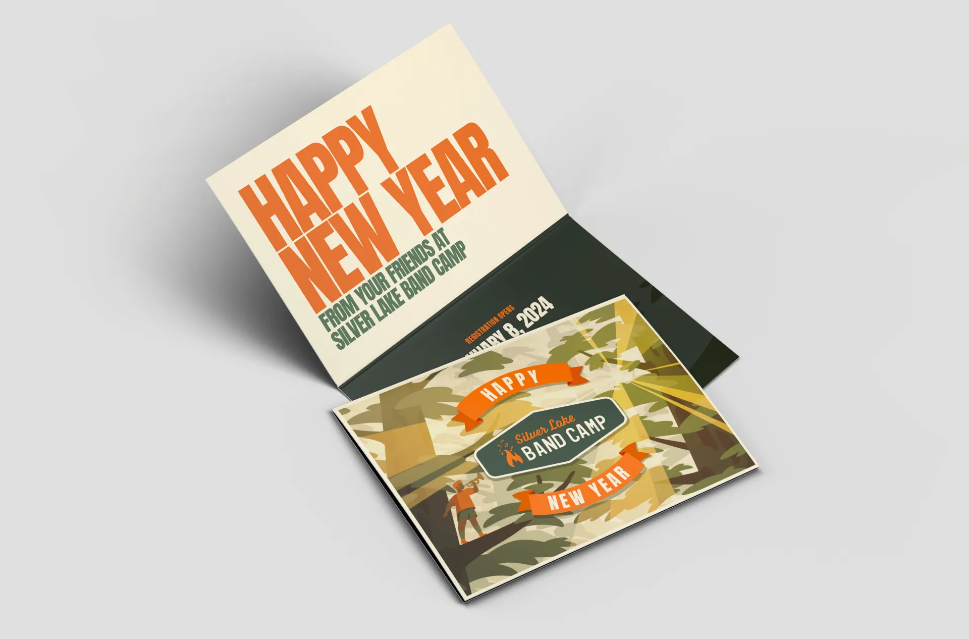 Tri-Fold wedding brochure featuring decorative, laser cut side panels and center invitation card with chinese-porcelain-inspired illustration