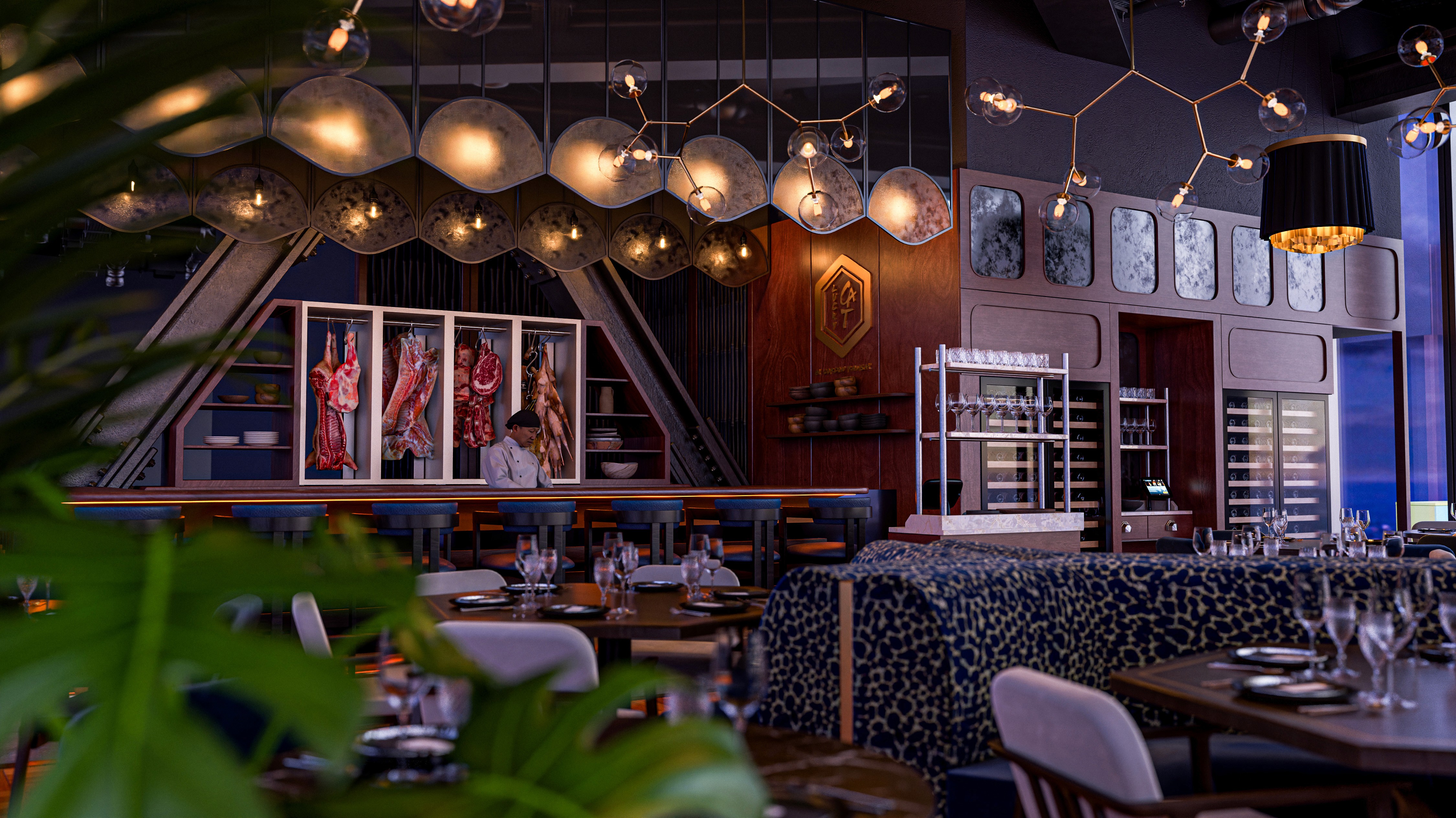 Bar interior at Lucky Cat Restaurant by Gordon Ramsay in London, located in 22 Bishopsgate, designed by Russell Sage Studio, CGI by Pixelspaces James Lyons
