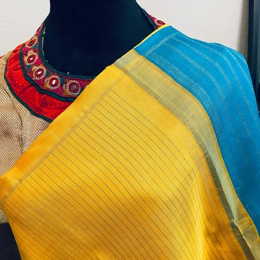 Bright Yellow and Blue Kanchivaram Silk Sare