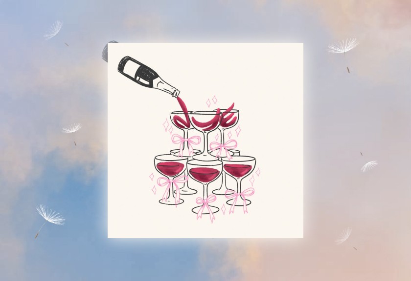 Illustration of a champagne bottle pouring into a tower of pink-tinted glasses on a cream background, with feathers floating in the sky-themed border.