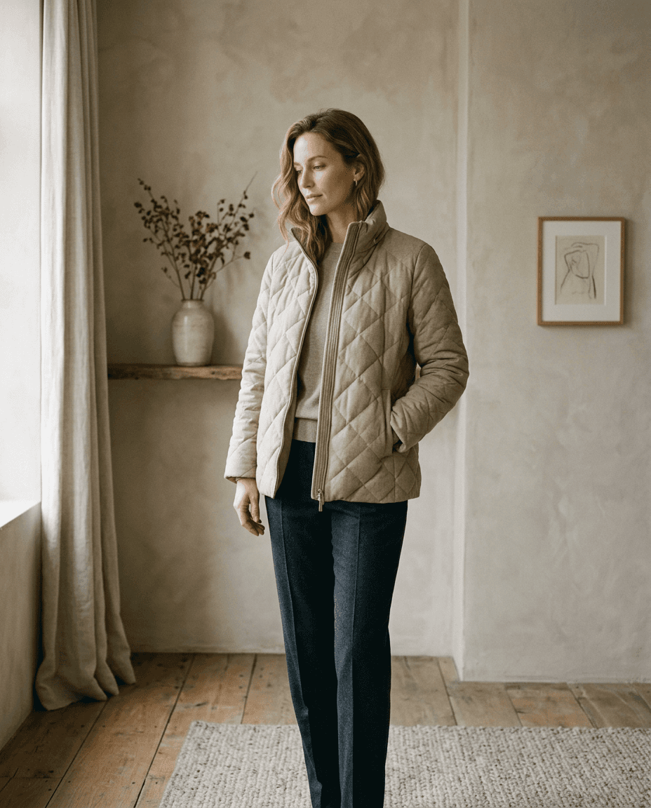 Quilted Stone Down Jacket — Stone — editorial