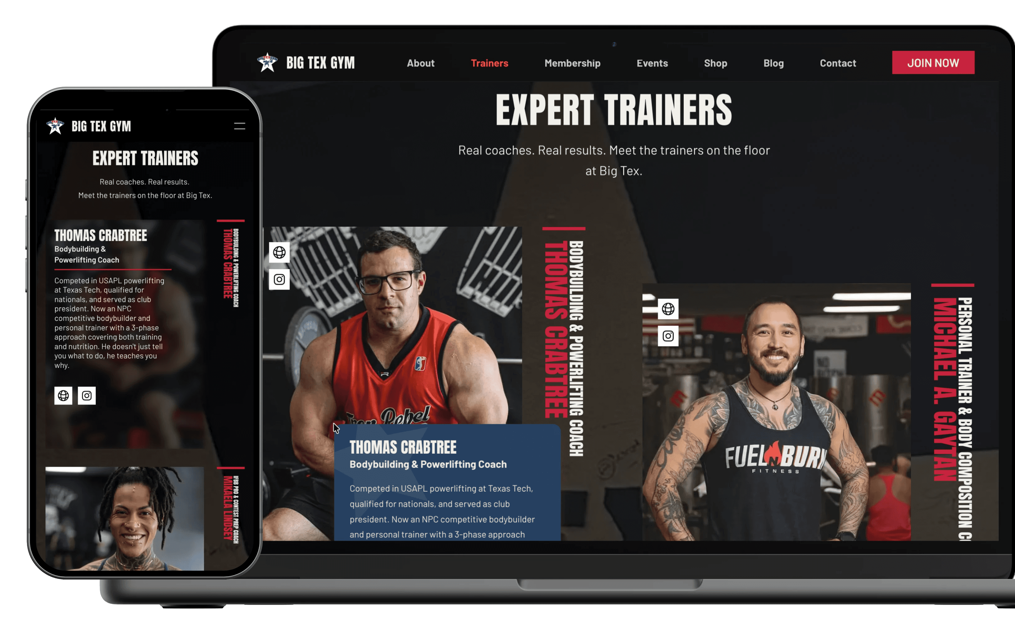 Big tex gym mockups of the trainer on desktop and mobile