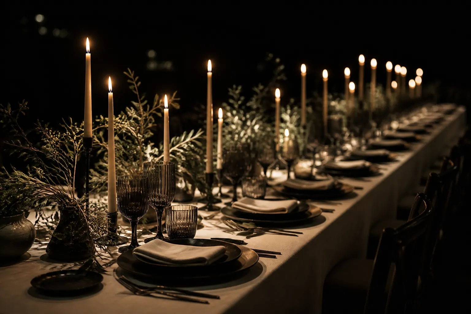 A candlelit banquet table in a dark room