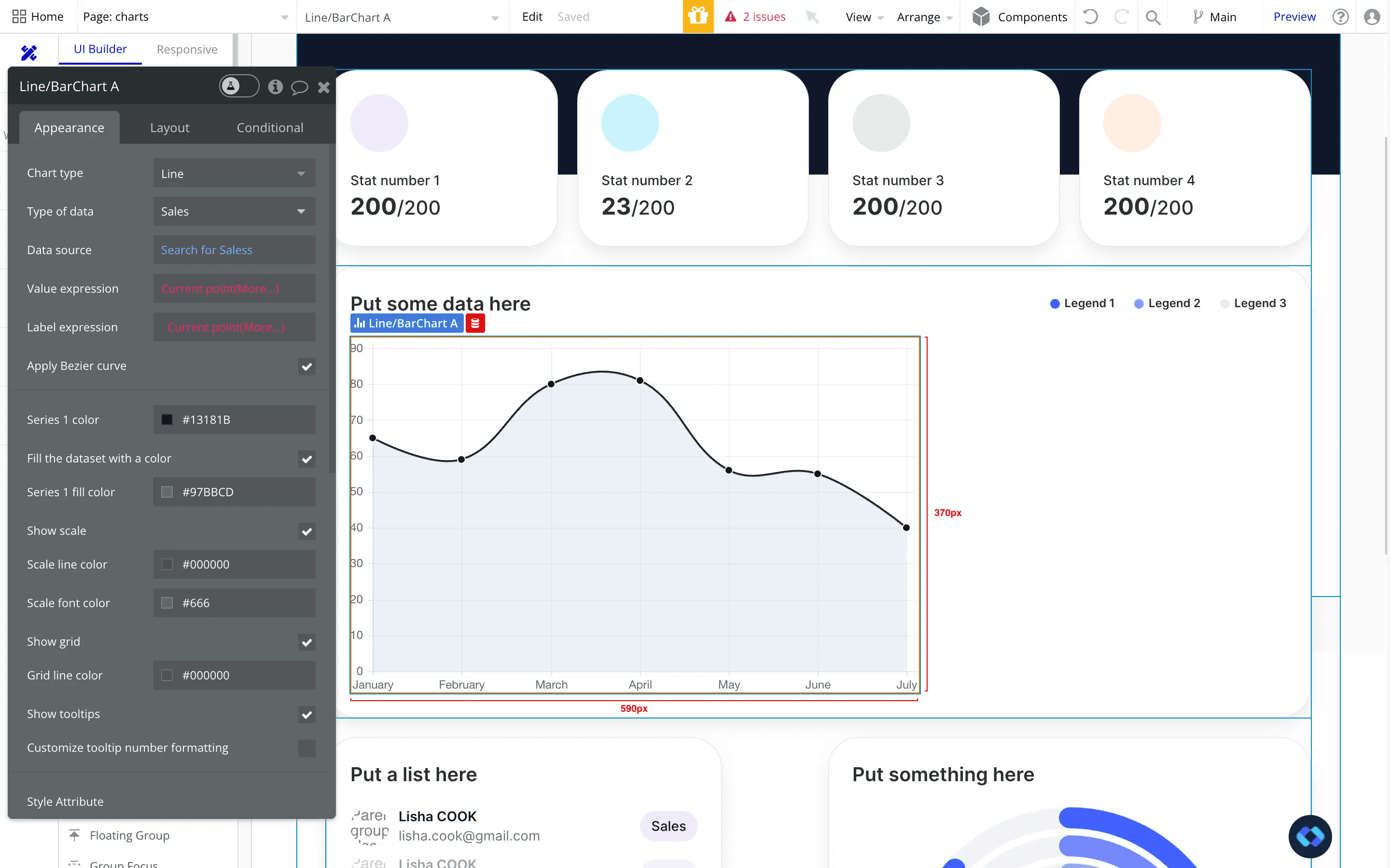 screenshot of building a chart in bubble.io