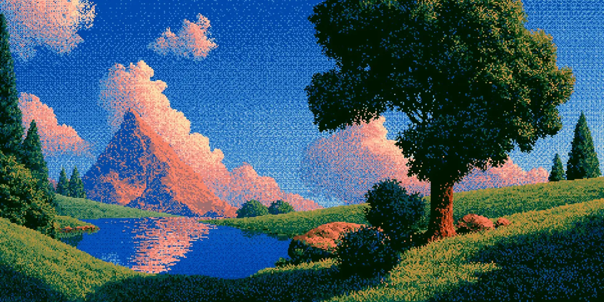 Retro pixel-art landscape with a lake, trees, and pink clouds
