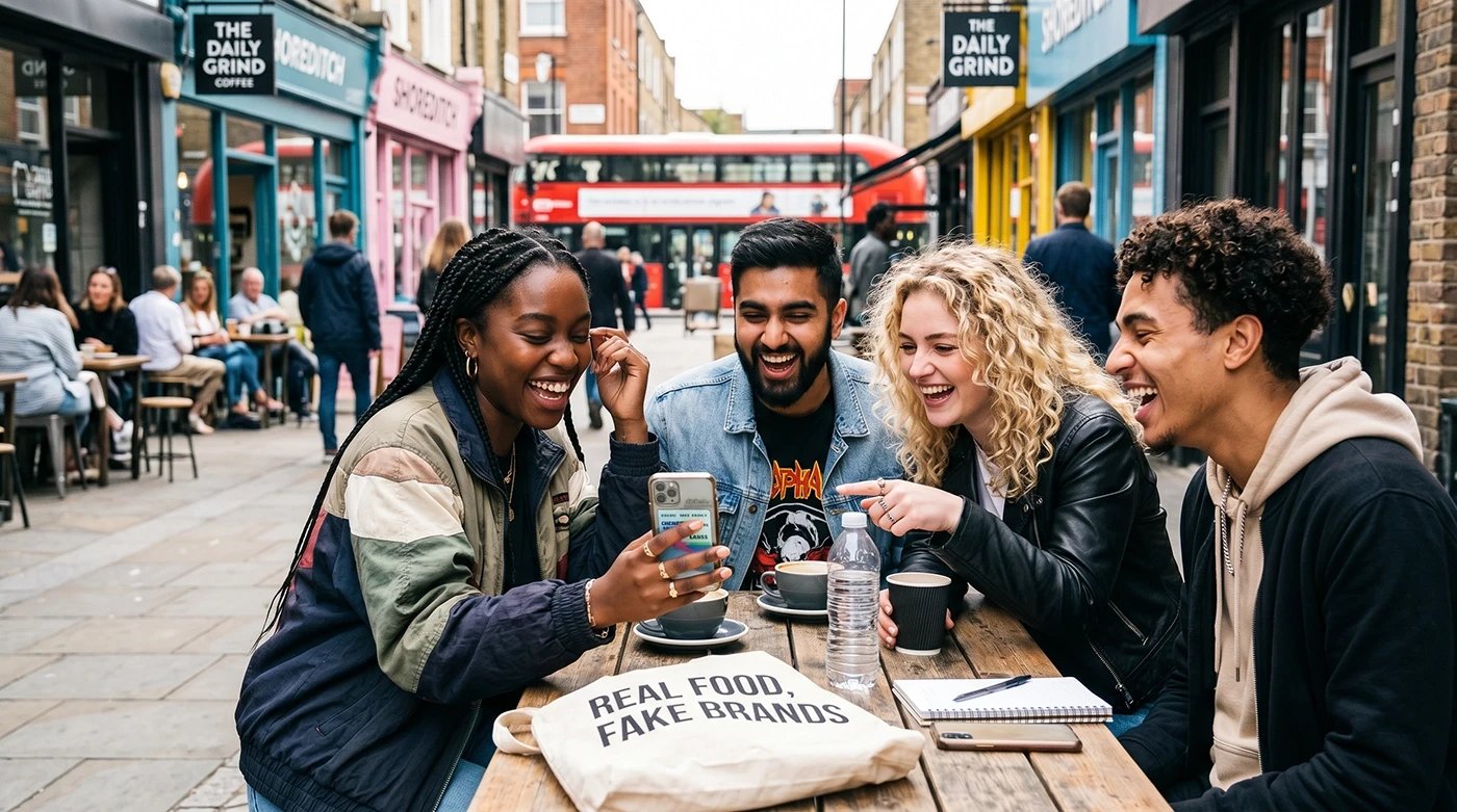 British Gen Z laughing looking at mobile screen