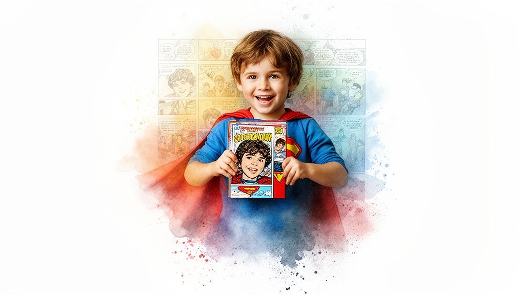 A joyful boy in a Superman costume proudly holds a personalized comic book featuring his cartoon face on the cover.