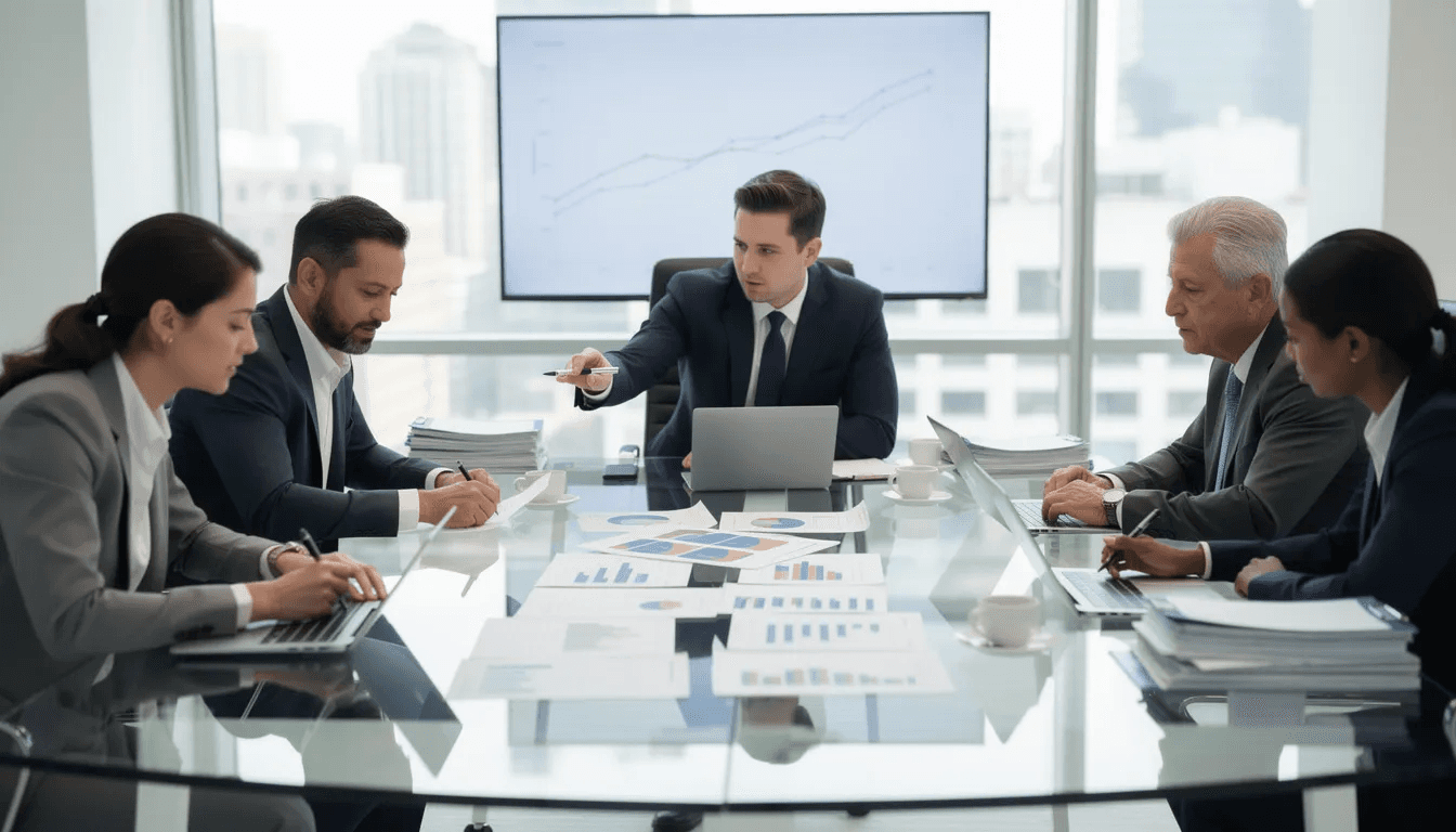 A group of business professionals is gathered around a conference table, intently reviewing financial charts and documents that likely pertain to private equity investments and hedge fund strategies. The atmosphere suggests a focus on analyzing investment opportunities and discussing the key differences between hedge funds and private equity funds.