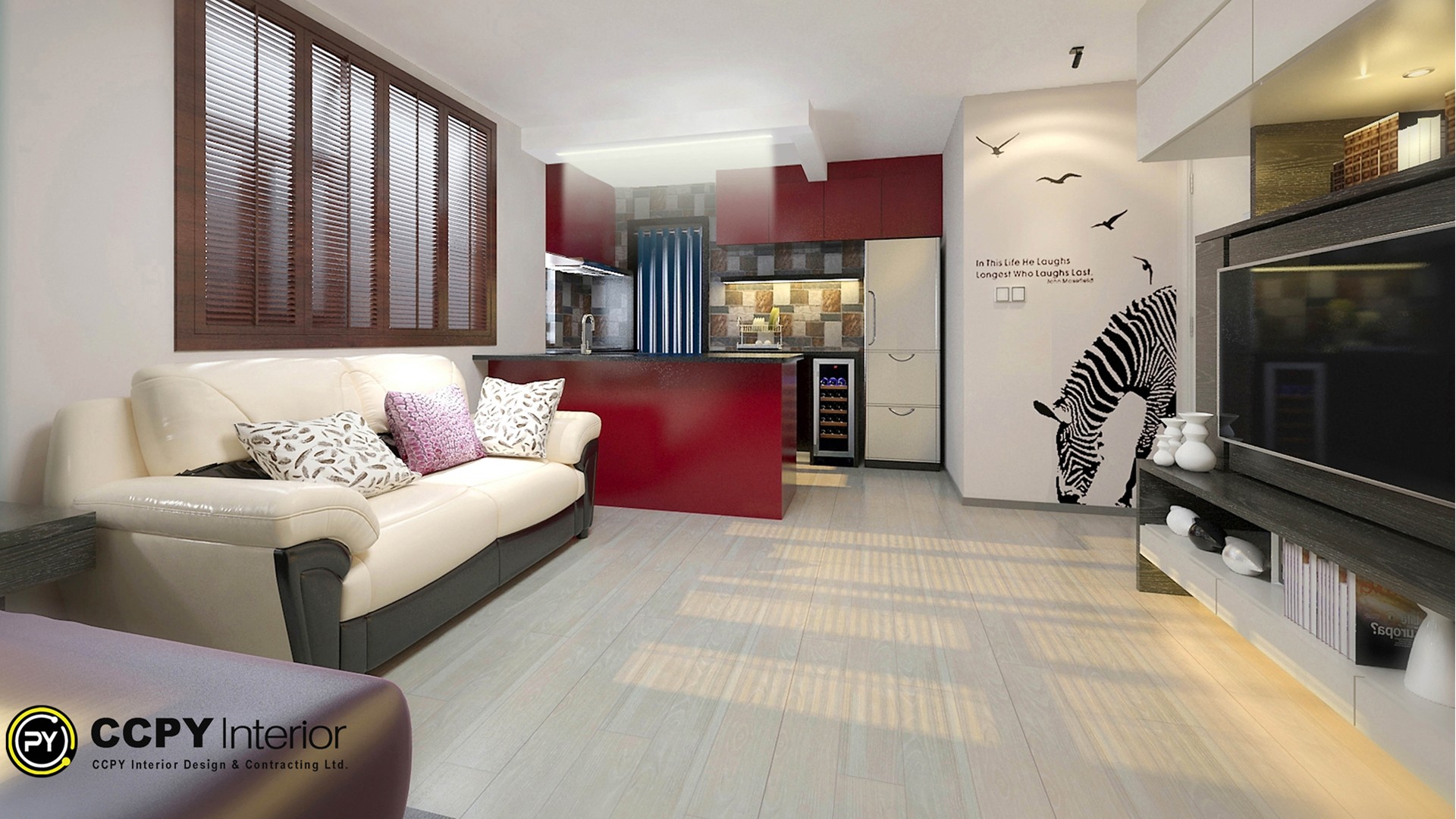 The selected region shows the interior design of a small residential apartment, emphasizing a modern "Smart Luxury" concept.Design ElementsSpace Optimization: Open-plan layout combining the living area and kitchen to maximize 380 square feet of floor space.Color Palette: Neutral flooring paired with bold crimson cabinetry and a monochrome zebra wall mural.Furniture: A sleek, multi-toned modern sofa placed alongside custom built-in storage and shelving units.Lighting & Windows: Large windows with dark wood plantation shutters providing adjustable natural light.