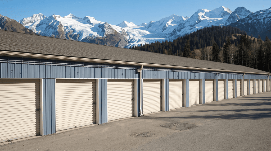 Blue and beige storage units with snow-capped mountains in the background.