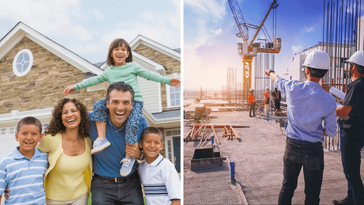 side by side photos with parents and three young kids on the left and engineers working in a construction site on the right