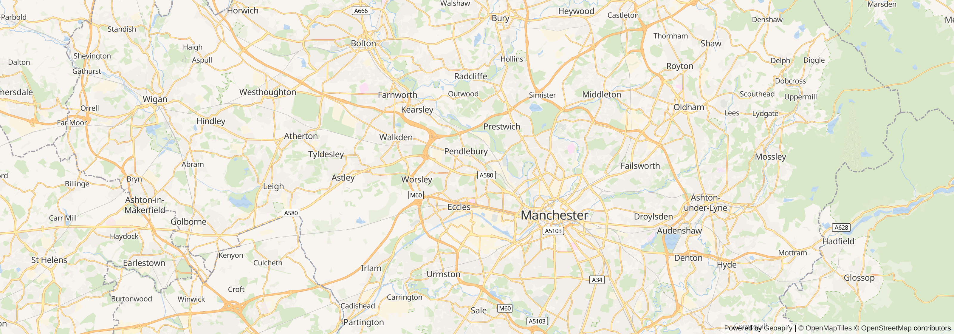 Map of Greater Manchester showing main towns, roads and surrounding areas