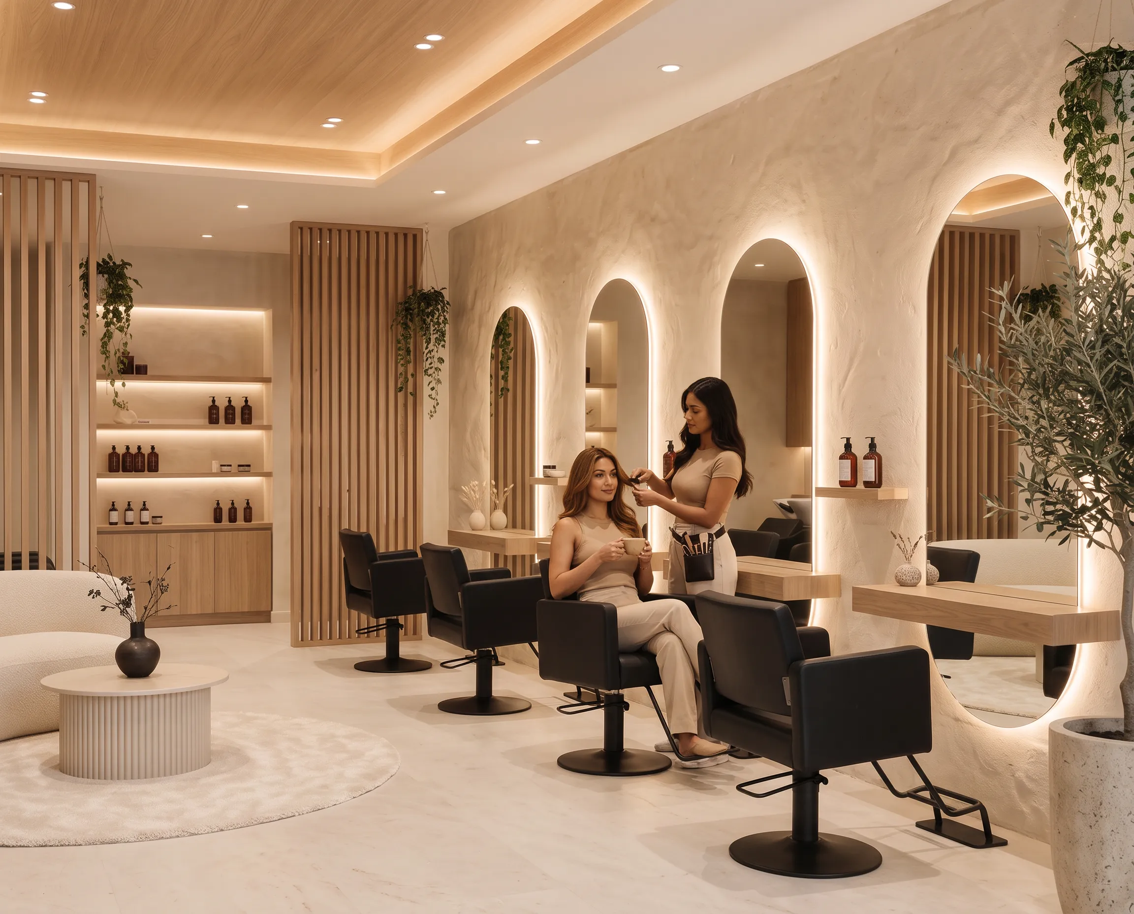 Client relaxing with a coffee while a stylist works on her hair in a calm, open studio