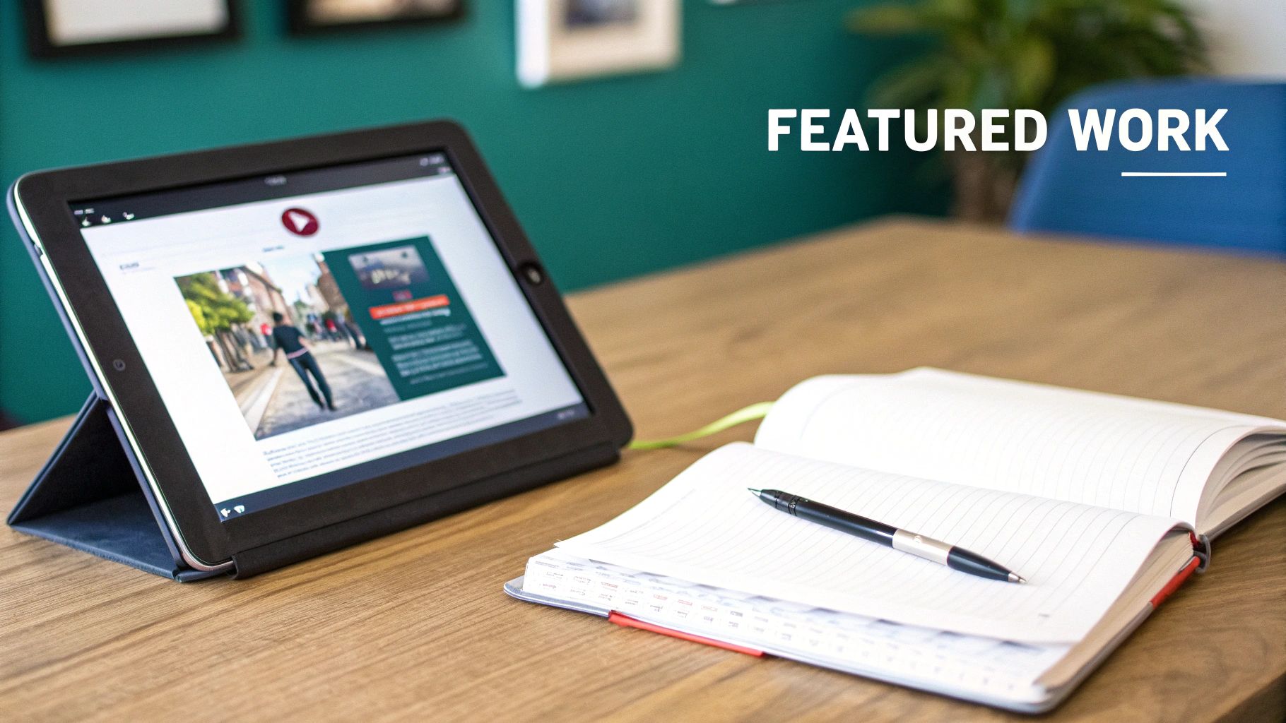 A workspace with an iPad displaying a website, next to an open notebook and a pen on a wooden table.