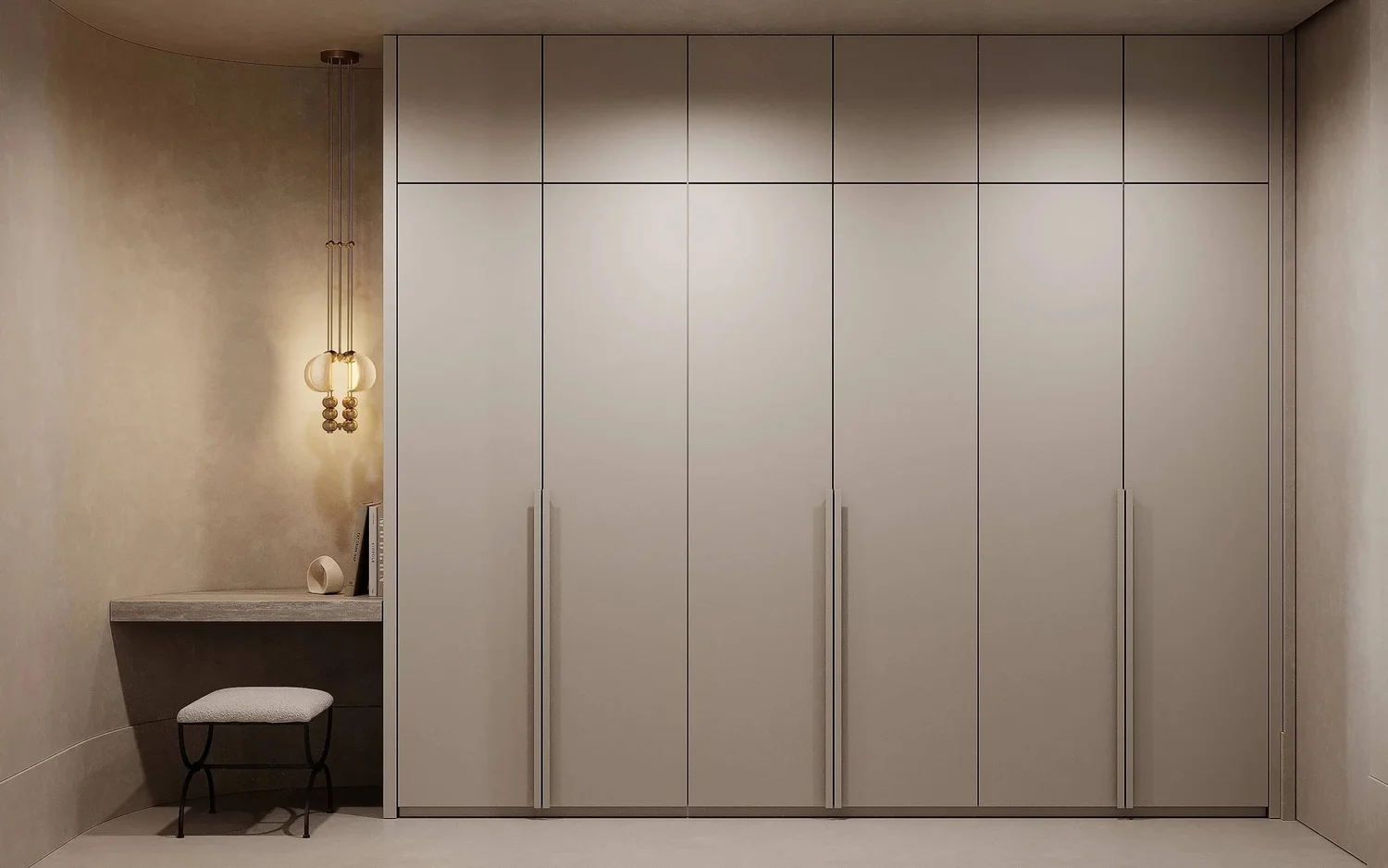 Modern minimalist wardrobe with built-in lighting and stool in elegant bedroom design.