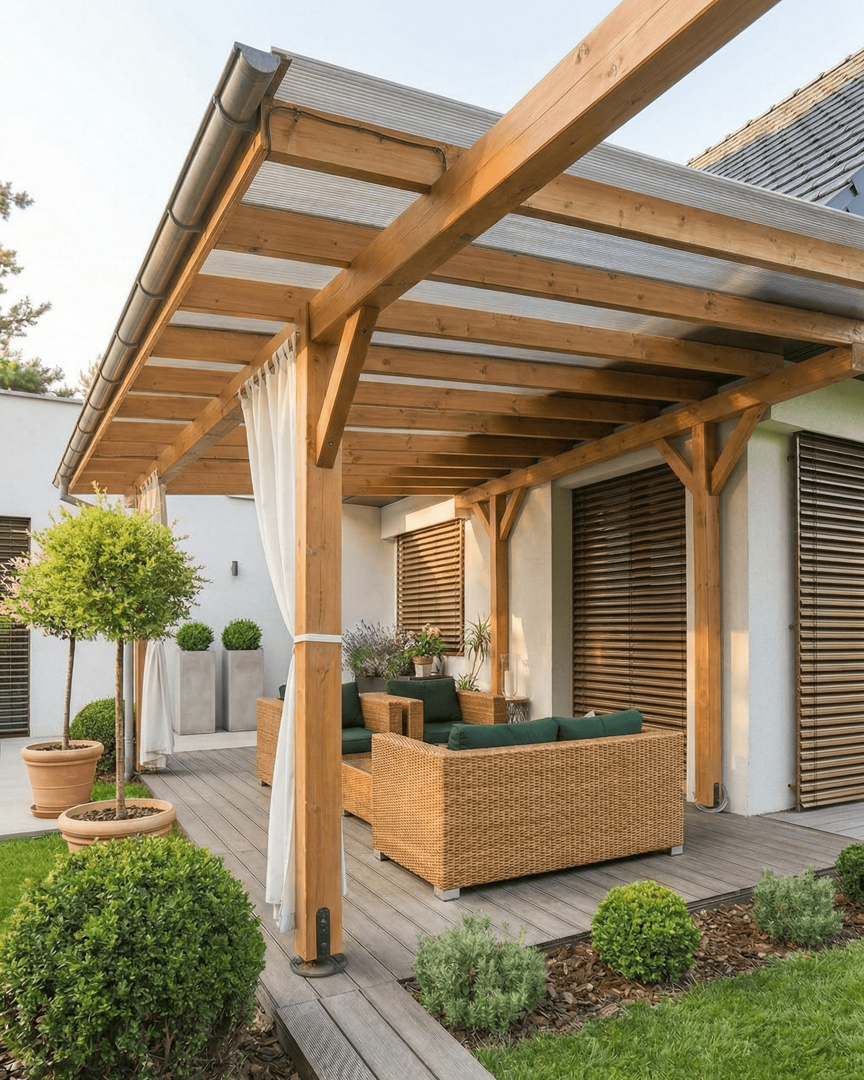 Nowoczesna drewniana pergola tarasowa z zadaszeniem i bocznymi żaluzjami drewnianymi. HeyShade Pruszków – kompleksowa zabudowa tarasu z meblami ogrodowymi i roślinnością.