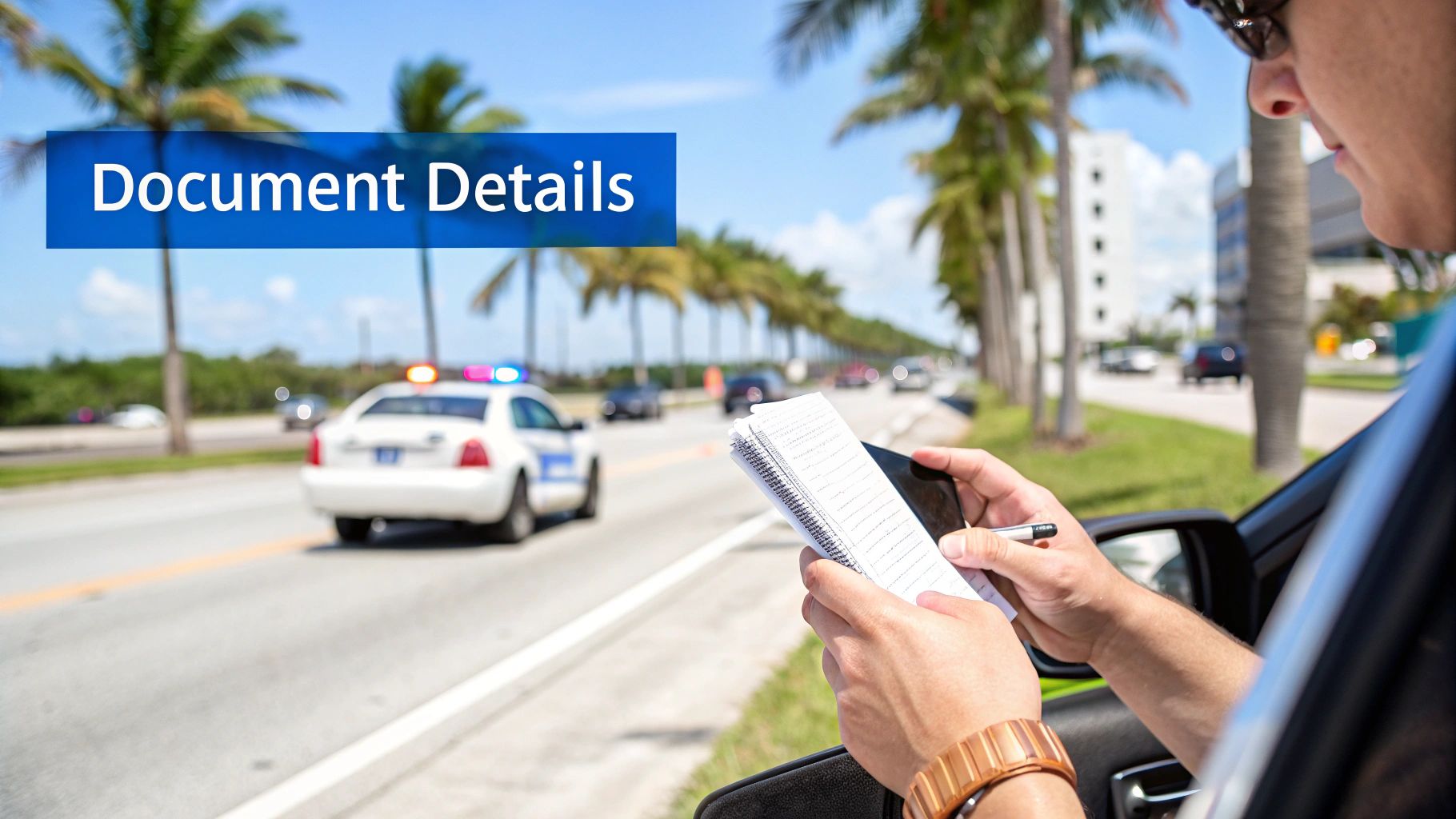 Person in car reviewing documents with a phone, a police car stopped on a palm-lined street.