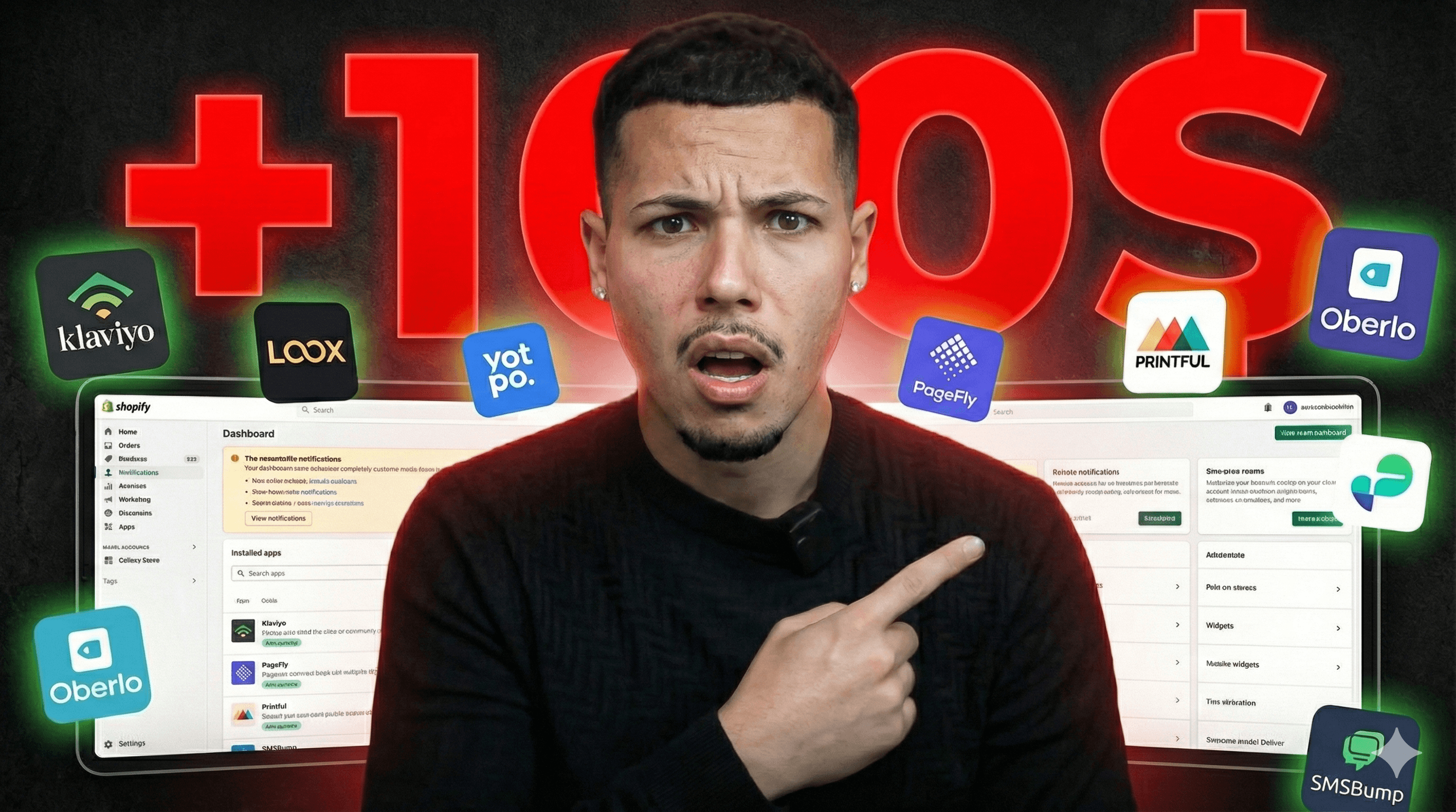 Emprendedor confundido frente a un panel de Shopify saturado de apps, representando el gasto excesivo y la complejidad técnica en una tienda online.