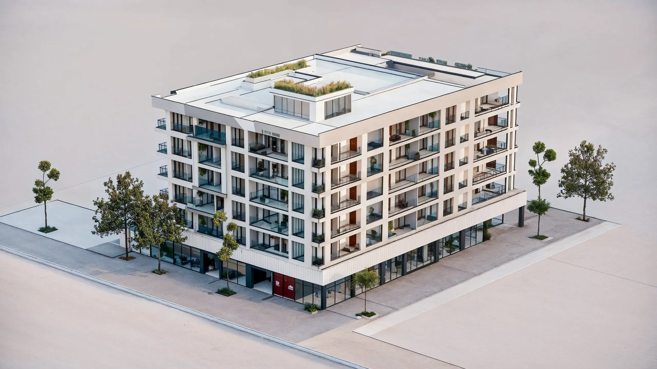 AI-generated 3D render of a modern multi-story apartment building created with MINIST.
