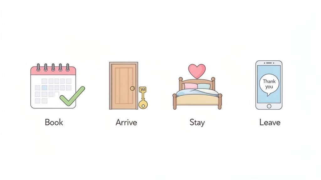 Illustrates the four-step process of booking, arriving, staying, and leaving a rental property.