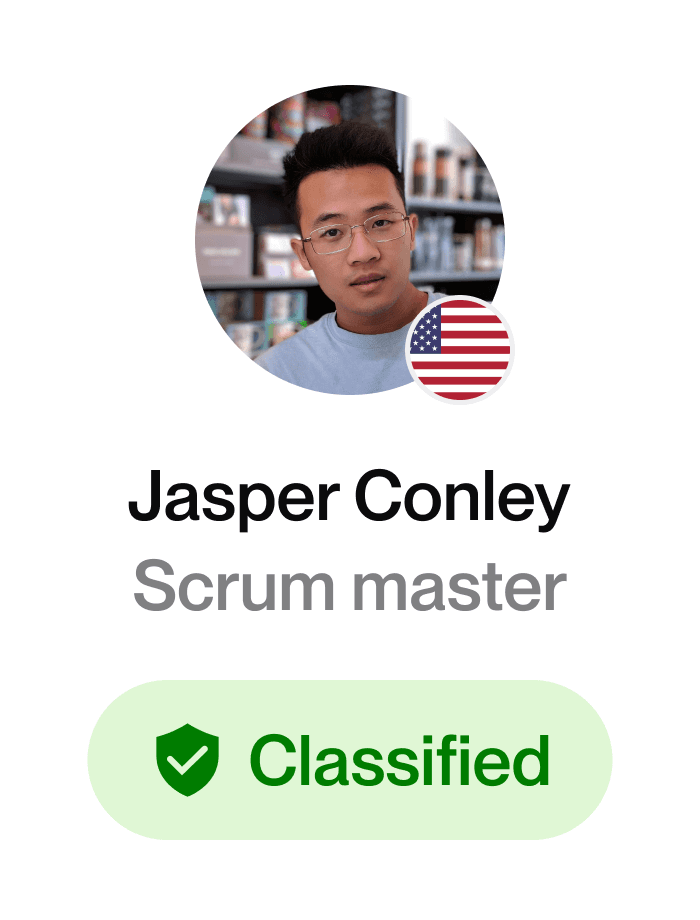 Talent card showing a talent's headshot, Scrum master, with a US flag icon indicating his nationality. A button below says "Classified".