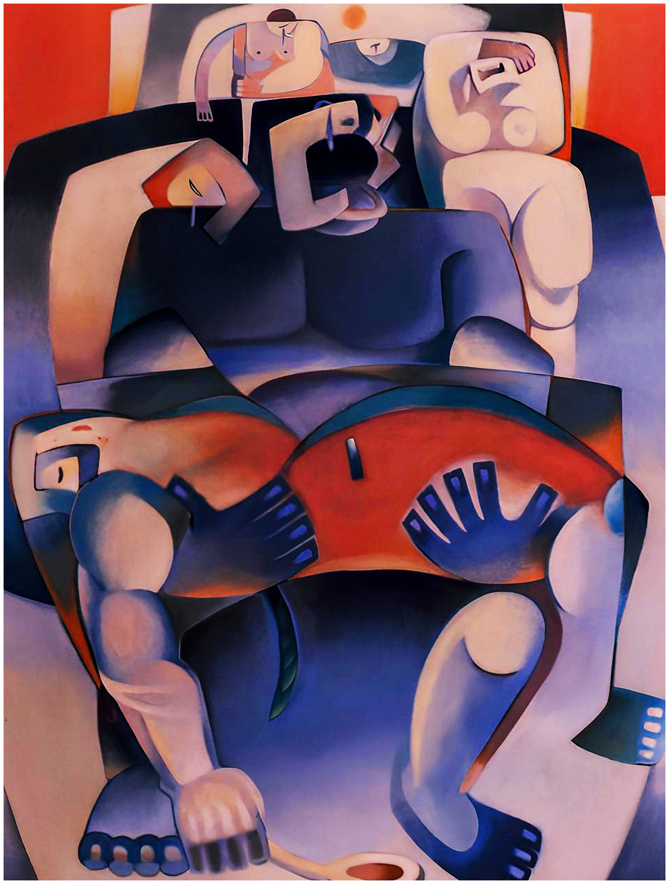 Abstract painting of fragmented human figures arranged in a structured composition with strong contrasts and warm tones.