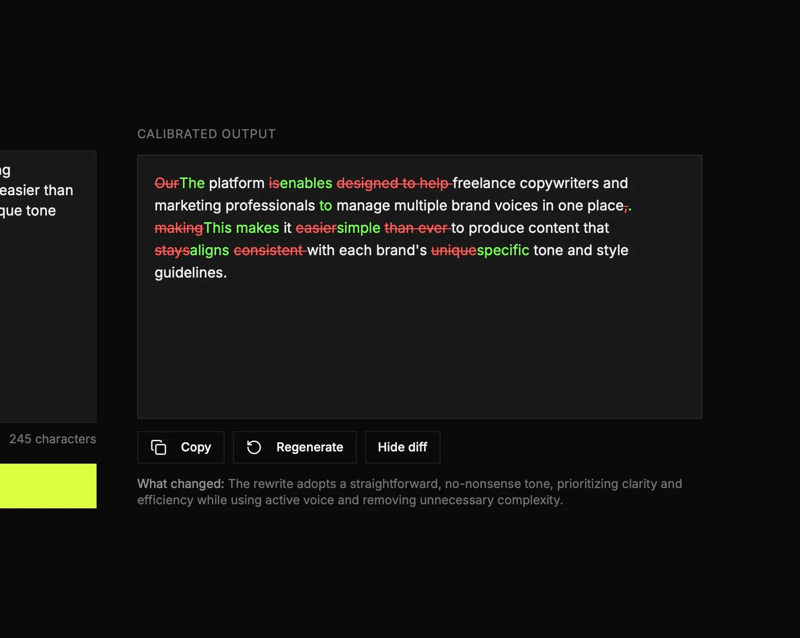 Calibr rewriter showing a product description rewritten in the Maison brand voice — refined, measured, and sophisticated output