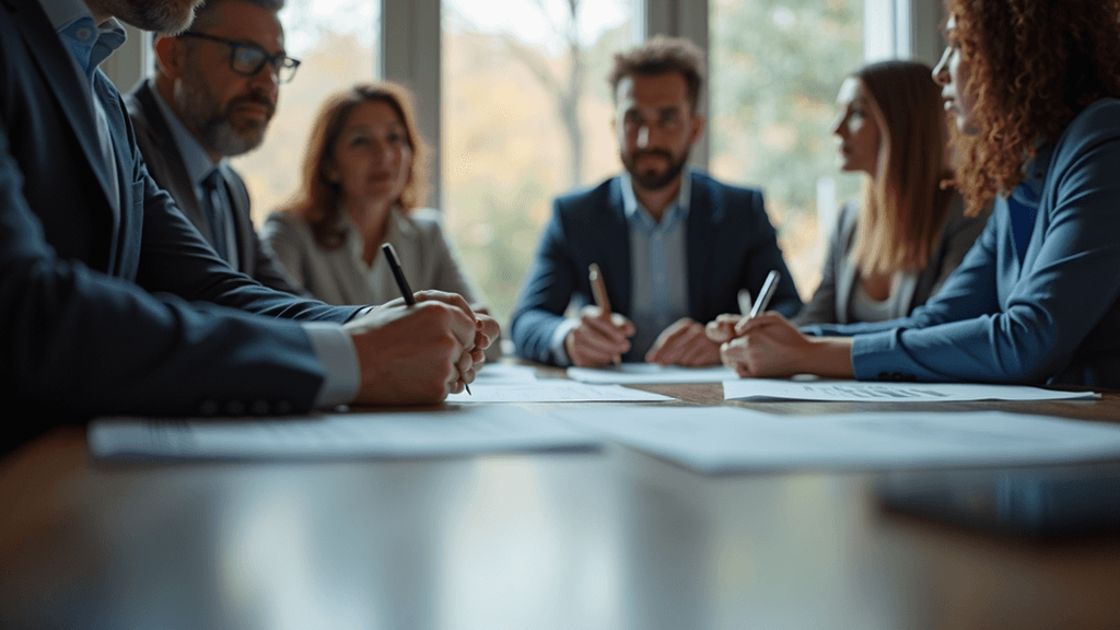 Eye-level view of a business team discussing marketing strategy around a table