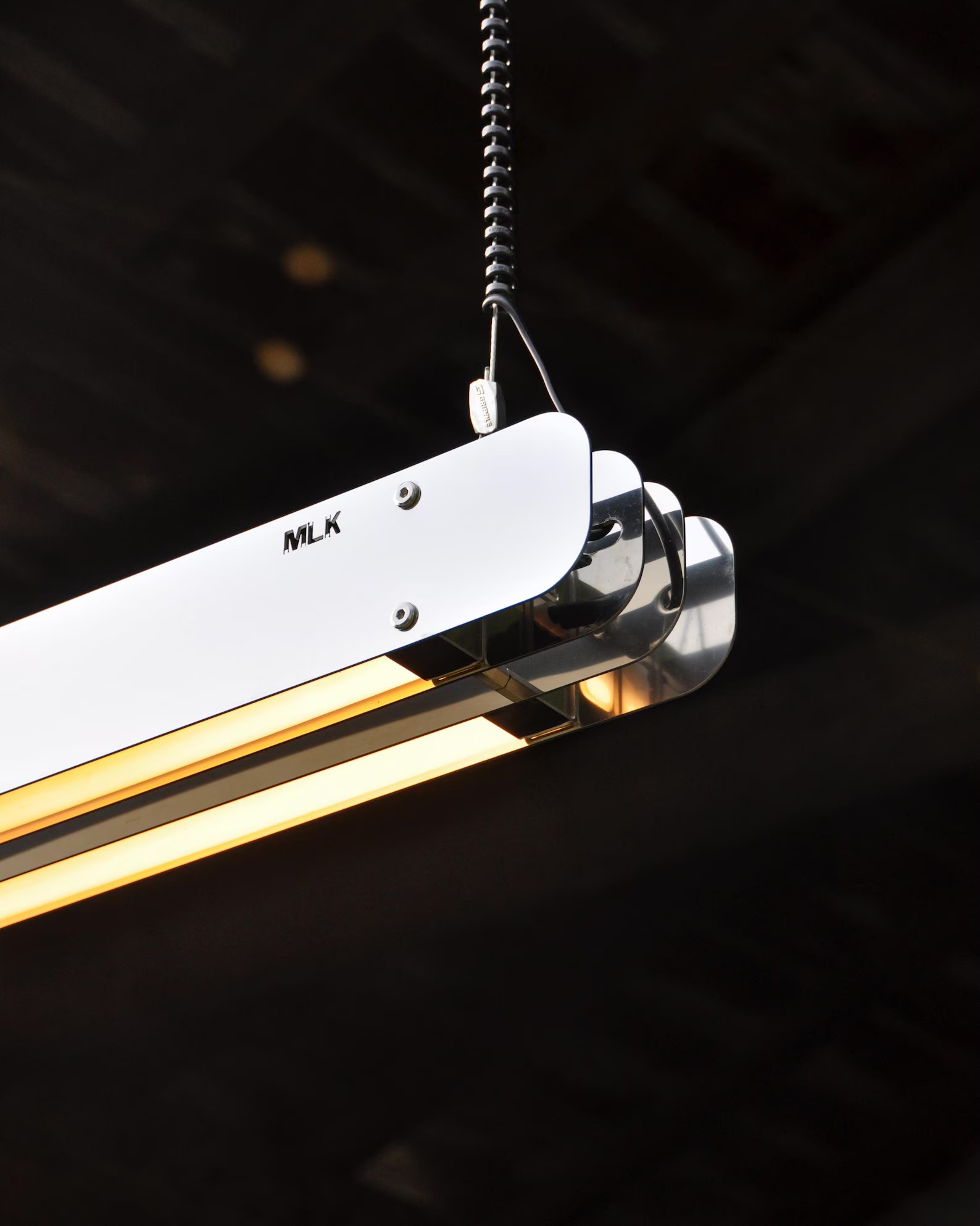 MLKFurniture Ne600x2 Basic pendant, two linear LED strips held between gloss stainless steel sheets