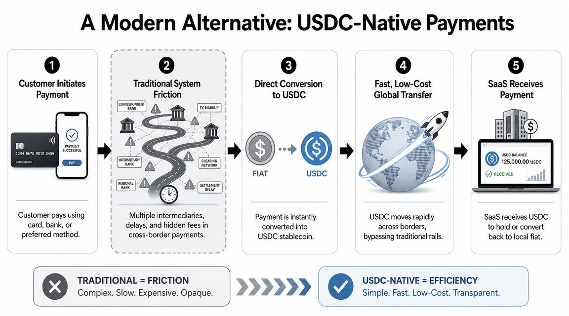 A diagram illustrating how USDC-native payments provide a fast and efficient alternative to traditional global payment systems.