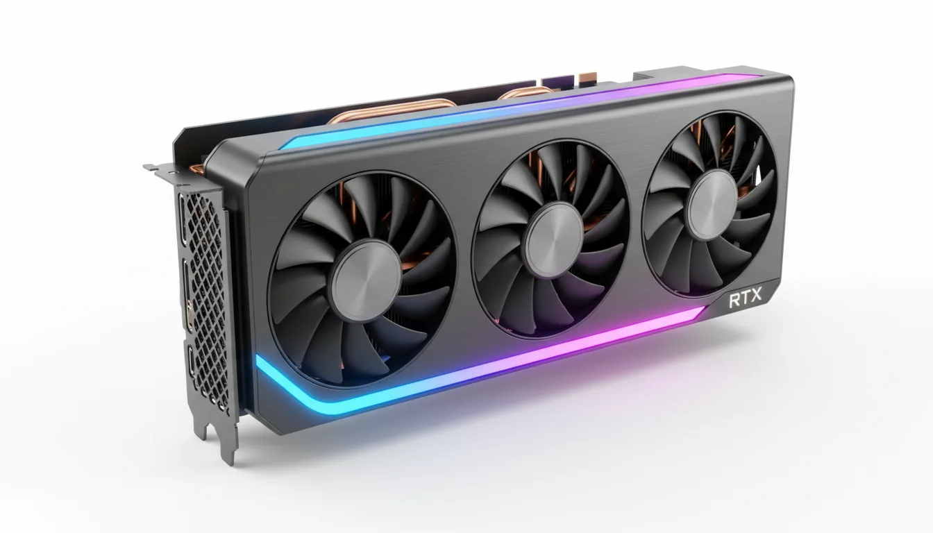 3D product render of a high-end GPU graphics card, dynamic low-angle shot. The device features a sleek, dark gunmetal shroud with three matte black cooling fans, each with a circular brushed metal center cap. A prominent RGB light strip along the side glows with a smooth gradient from electric blue to purple and magenta. Photorealistic rendering with soft studio lighting, sharp focus, isolated on a seamless white background with a soft drop shadow.